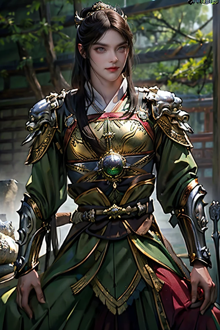 a man with short brown hair dark green eyes wearing Chinese gold and green armor over traditional Tang dynasty clothing, emerald and gold tones, bringing power and royalty to the image, he has a wispy and imposing beard (best quality, 4k, 8k, high resolution, art - prime: 1.2), ultra detailed, (realistic, photorealistic, photorealistic: 1.37), extremely detailed eyes and face, long eyelashes, intricate armor details, traditional Chinese robes, loose hair, emerald color palette and silver, powerful and serene expression, dramatic lighting, cinematic composition, award-winning digital art
