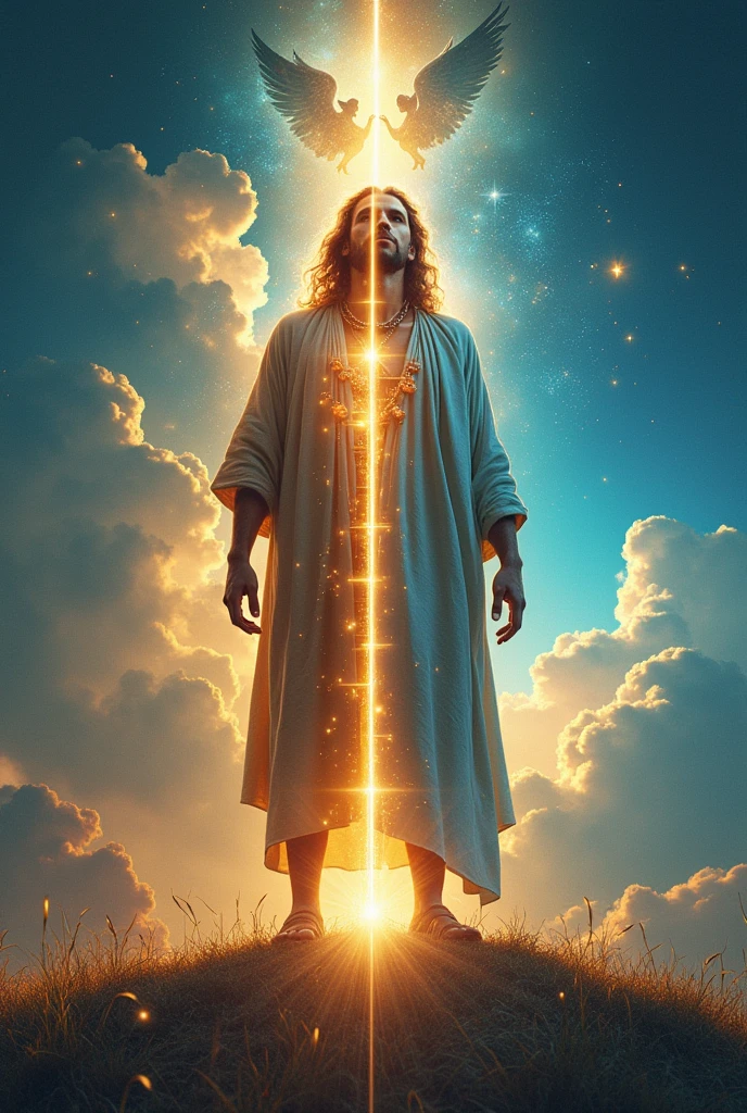 Use a background that mixes vibrant and soft colors, like shades of blue and gold, representing transformation and spirituality.
**main image:** At the center, a representation of Jacob, perhaps divided into two parts: On one side, the figure of Jacob before the transformation, and the other, a more enlightened and serene figure, symbolizing your new identity. Ao fundo, there may be a ladder with angels going up and down, referring to Jacob's dream.
**texto:** The title "Transformed" should be highlighted, with a modern and striking font.
**decorative elements:** You can add symbols like stars, soft lights around the figure of Jacob, and perhaps some lines of light representing the presence of God in the life of the biblical character.