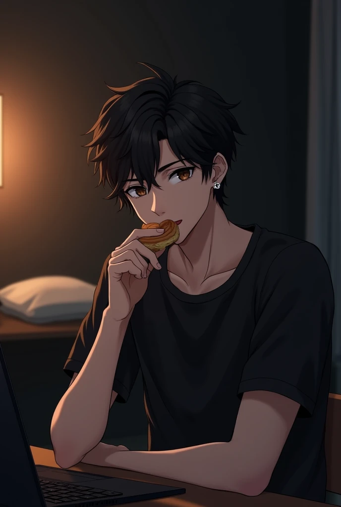 Anime guy, black hair, blocked hair, has a brow, dark eyebrows, brown-black eyes, wears a black cross earring on the left side, silver on the right side, wears a black t-shirt, is sitting and eating in a small rented room, is a lonely guy, but doesn't feel sad, but doesn't smile. The bedroom has a bed and a table with a black laptop on it, the black wall has an orange-brown light on it.