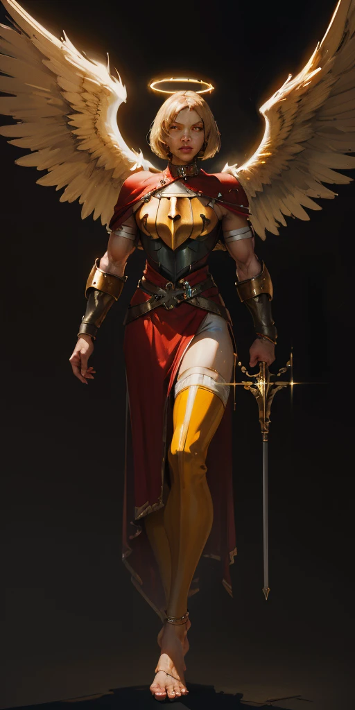 (black background) low angle, from below, paladin templar lady in white tabard, legwear, glowing yellow eyes, collar, golden chainmail, wide hips, barefoot, angel wings, pauldrons, halo, bob cut, blonde, eye focus, red cape, detailed, cinematic, fantasy, correct anatomy, epic fantasy digital art, tmasterpiece, 8k, high definition resolution, detailed drawing, superior quality, epic composition, muscular body, muscular turned arms behind body