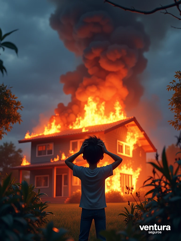 A highly detailed and vibrant image in the style of Pixar animation featuring a house on fire with smoke billowing out. The homeowner is standing in the garden, looking desperate with their hands on their head and mouth open. Below the image, the text "ESTEJA PROTEGIDO CONTRA ACIDENTES" is written in animated letters. In the bottom right corner, the name "Ventura Seguros" is written in white, sans-serif letters. The aspect ratio is 3:4, providing a classic, vertical composition. The lighting is dramatic, with the fire casting a warm, flickering glow against the cooler tones of the surroundings