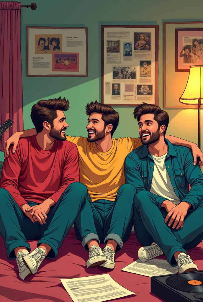 Generate me an image of a group of 3 male friends listening to music at night in a bedroom, about to release an album, comic style for an album cover