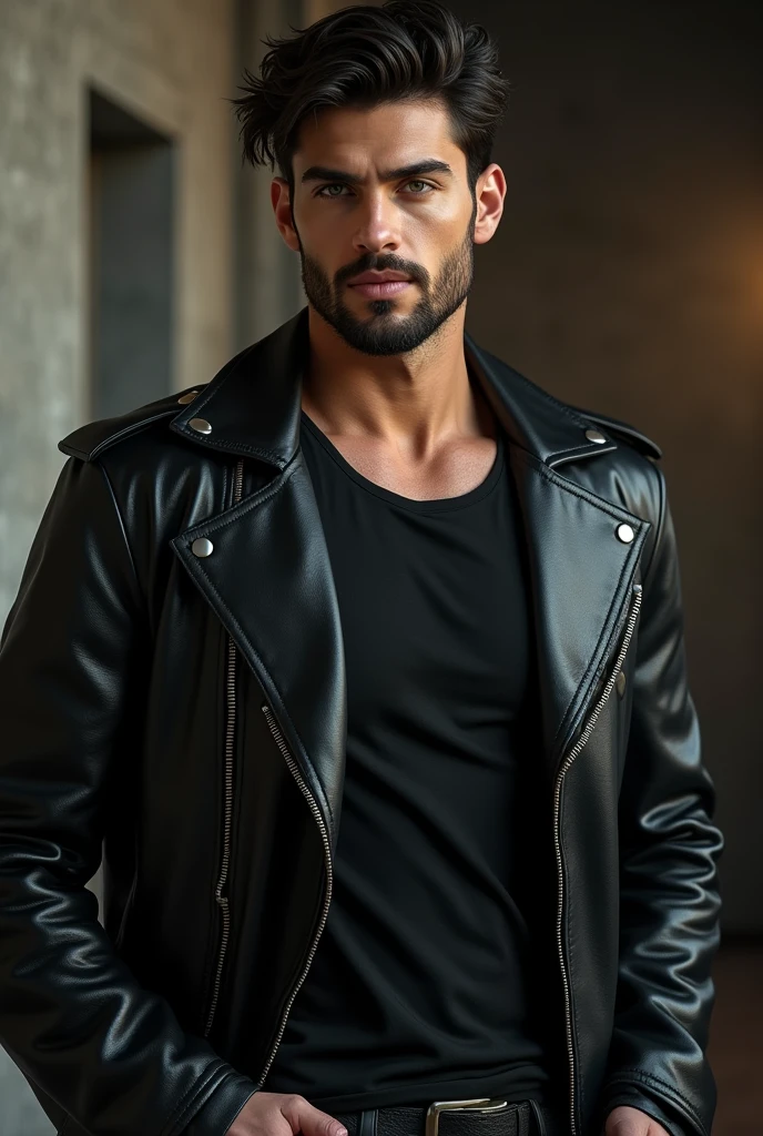 Tall young man with wavy hair, wearing black clothes and leather jacket, muscular and broad-shouldered, strong, defined jaw, scruffy beard, attractive sideways smile and green eyes