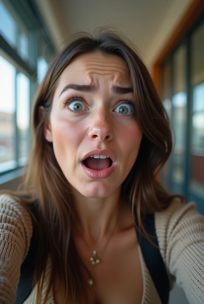 A realistic selfie of a young woman with an 'Oh my God' expression on her face, as if she just realized she lost her keys. Her eyes are wide open, eyebrows raised, and her mouth slightly open in shock and frustration. The image should have the high-quality look of an iPhone photo, with natural lighting and sharp detail. The background is slightly blurred, suggesting a busy environment like a hallway or entryway, making the image visually striking and perfect for a TikTok ad."