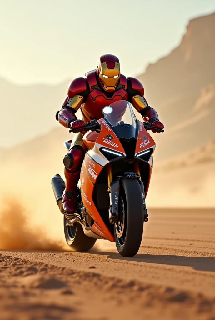 Iron man is riding a ktm racing bike. It is morning time. The weather is good. The place is a desert and there is a road in the middle of it.