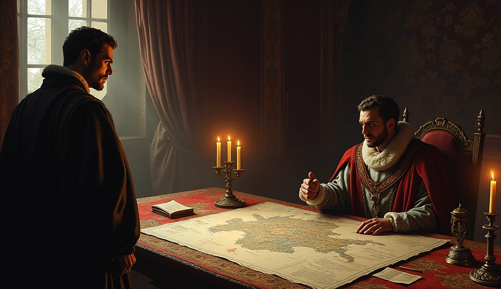 A dramatic illustration of Edward III and Philip VI in their respective palaces, each reflecting their inner tension and resolve as they prepare for impending conflict. In Edward’s dimly lit, richly adorned chamber, he stands by a large map of France, his face set with fierce determination. Shadows cast by flickering candles highlight his intense focus on the strategic plans. Meanwhile, in Philip’s opulent yet foreboding palace, he sits at a grand table covered with documents and maps, his furrowed brow and clenched fist revealing deep concern. The dark, heavy curtains and intricate tapestries around him add to the atmosphere of looming dread. The contrasting settings and expressions capture the palpable anticipation and preparation for the coming clash, all rendered with the atmospheric, detailed style of Edmund Blair Leighton., Surrealism, Hyperrealism, UHD, retina, masterpiece, accurate, anatomically correct, textured skin, super detail, best quality, 16k
