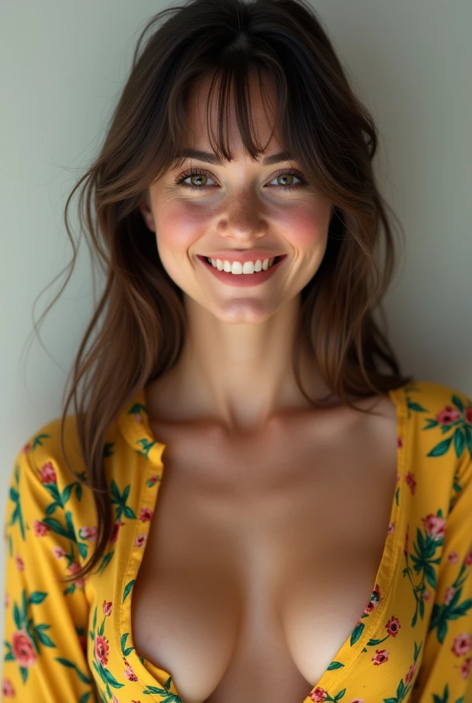 A woman with straight dark brown hair, slightly higher bangs in the front combed back. Wide and beautiful smiles. Attractive medium breasts on white skin with a few freckles. Wears a floral shirt in yellow, green and red with a very visible neckline in an ultra-realistic photo