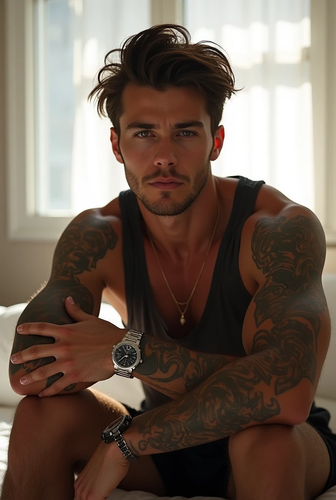 a handsome, 1 attractive man with a seductive expression, athletic, tattooed, Tez blanca, sitting inside a room, White light, Sitting on the bed, wearing a tank top, silver watch, Brown hair, Crossed arms, messy hair, the sun enters through the windows 