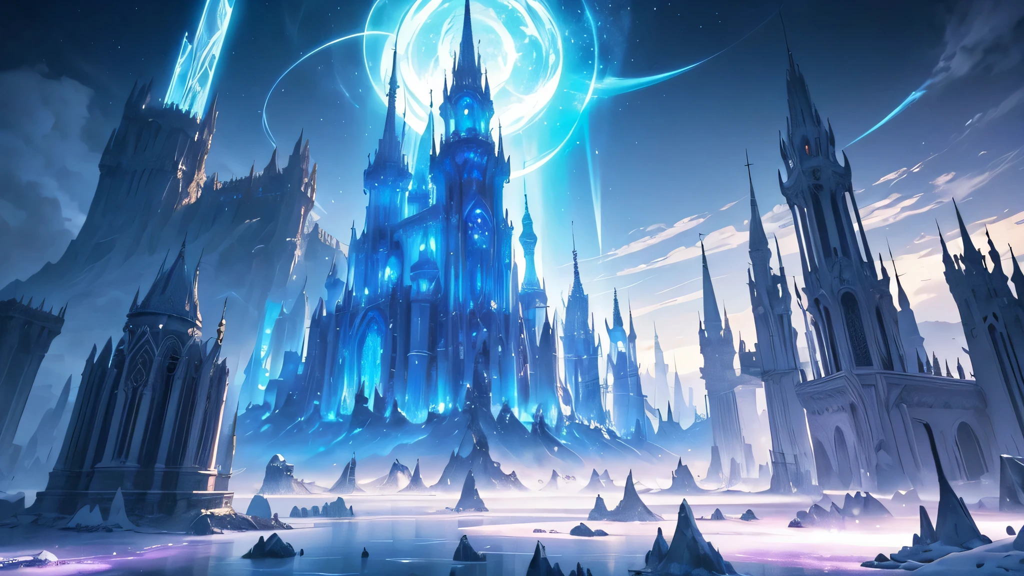 Create an image of the Warlock Kingdom, a realm that resembles a heavenly paradise, ruled by a dynasty of warlocks who master light magic, arcane manipulation, and subtle arts. The kingdom's landscape should be bathed in soft shades of blue and white, with luminous clouds, floating islands, and crystalline structures that sparkle with an otherworldly glow. The architecture should be ethereal, with tall, elegant spires and bridges made of pure light, resembling a celestial city in the sky. A select few individuals within the kingdom possess the rare ability to control time, represented by glowing hourglasses or intricate timepieces integrated into the heavenly environment. The overall style should be serene, majestic, and filled with divine light, capturing the celestial and powerful nature of the Warlock Kingdom.