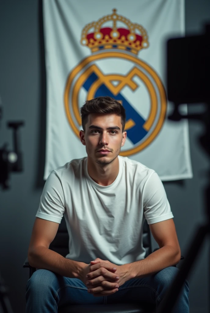 The young man wearing a white t shirt sitting on a chair looking straight to the camera with cinematic YouTube studio with real Madrid football flag