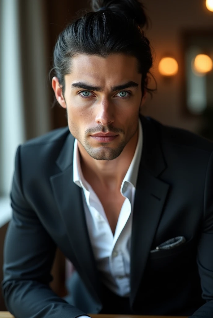 Handsome tall young man with white skin, black hair with bun, blue eyes, muscular body, sensual businessman 