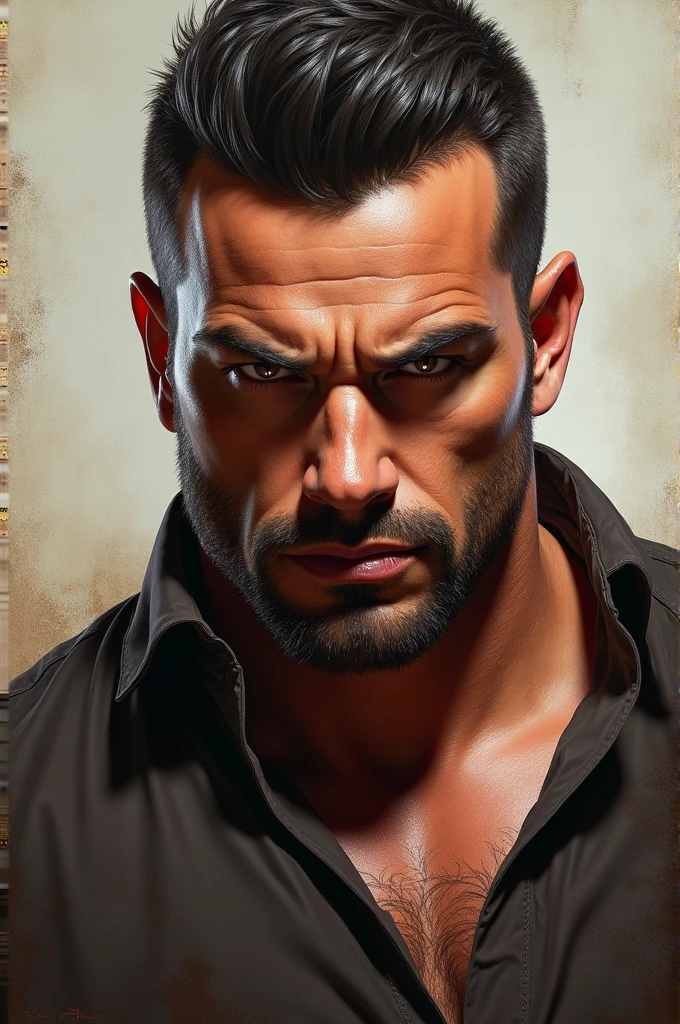 Portrait of a man who is handsome and strong and powerful. His gaze intimidating 
