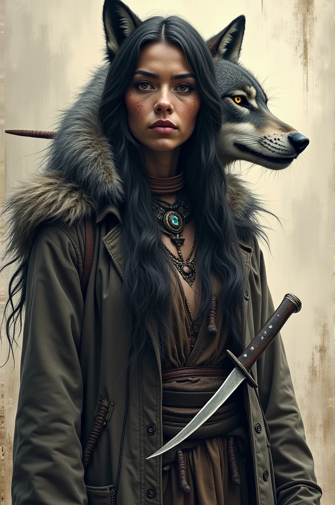 Indian woman with wolf&#39;s head on coat and knife in mouth for tattoo 