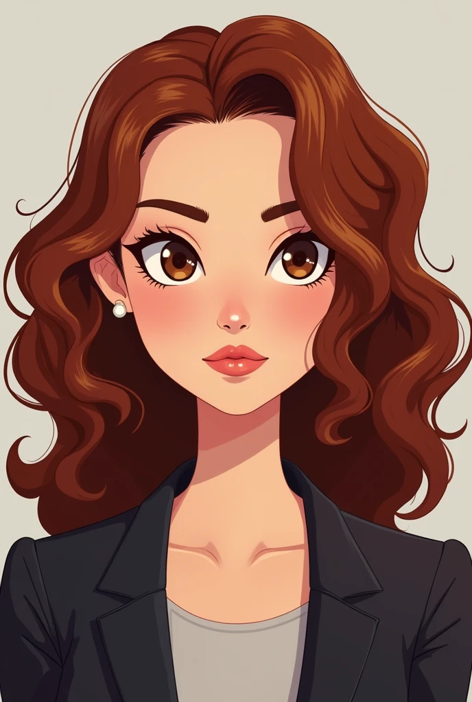 Create an image of a round-faced woman avatar with dark reddish-brown curly hair and fair skin brown eyes animation for a corporate image with a serious facial expression 