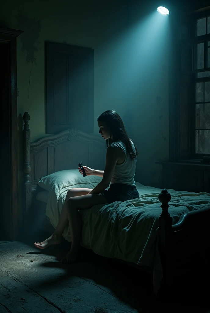 "Waking up in a dark room with a flashlight in hand"
"She opens her eyes slowly, feeling the heavy darkness around him in the old room. Sitting on an old bed that creaks at the slightest movement, the young woman holds a flashlight firmly in her right hand. The beam of light passes through the dusty air, illuminating dust-covered antique furniture, with cobwebs hanging from the corners. Shadows seem to dance as the light sways, revealing a poorly closed wooden door ahead and a broken window, letting in the distant sound of the wind. Your gaze is determined, although uncertainty hangs in the air as she prepares to explore the mysterious old house."