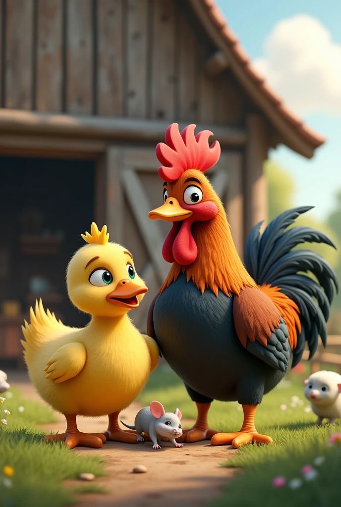 Generate an image of a yellow duck and a brown and black rooster friends with a little mouse outside the barn exploring, walking, meeting other animals in the background

