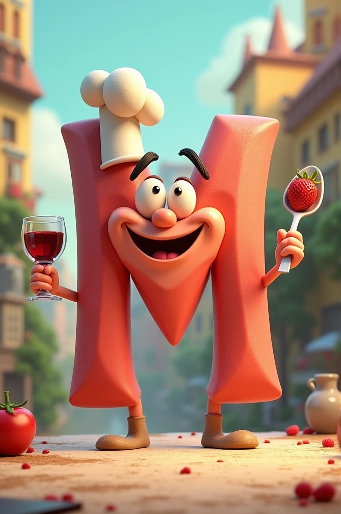 goofy and girly letter M with chef’s hat on holding a glass of dark liqueur in one hand and spoon in other