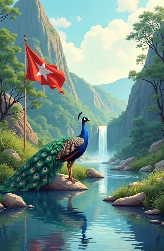 A peacock that in a Myanmar Student Union of the flag drinking water on the stone beside of the stream. The morning sun is shining. The water falls is staying on the mountain. A drawing vector landscape image