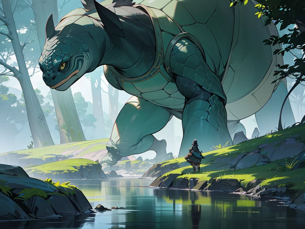 a legendary turtle in the mountains, stone gray shell, green tree pattern, long black snake tail, intelligent and agile movements, controls earth and rocks, creates safe paths, symbol of wisdom and protection, 8k, highly detailed, photorealistic, cinematic lighting, dramatic lighting, vibrant colors, fantasy landscape, lush vegetation, misty mountains, serene lake, dramatic composition