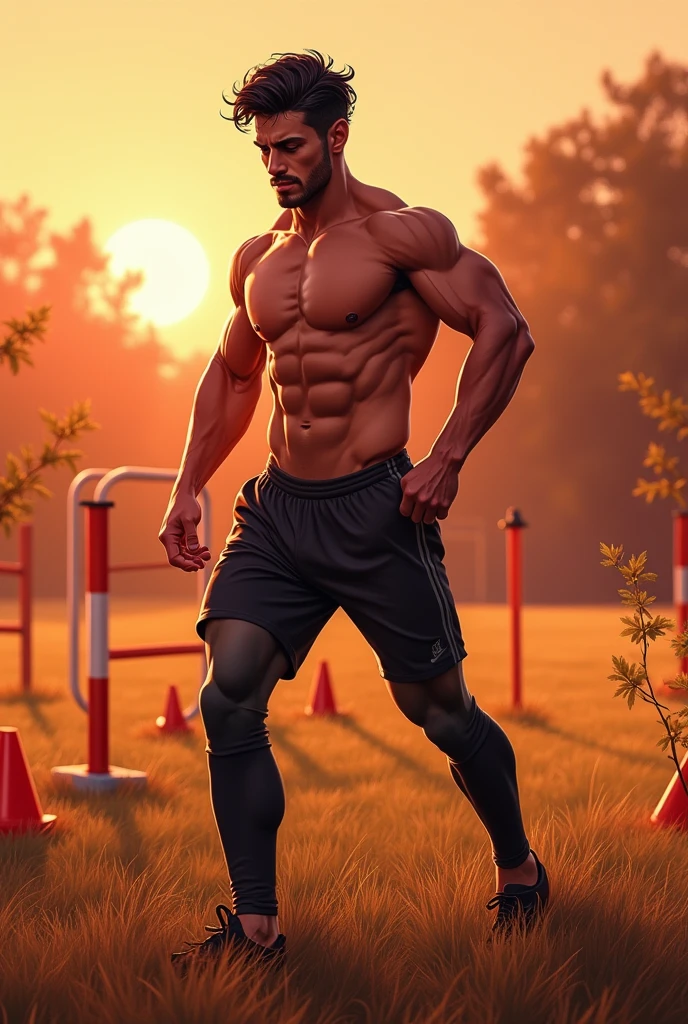 Reddish orange tone art for instagram fitness trainer dark-haired man training on field and football training equipment in background.