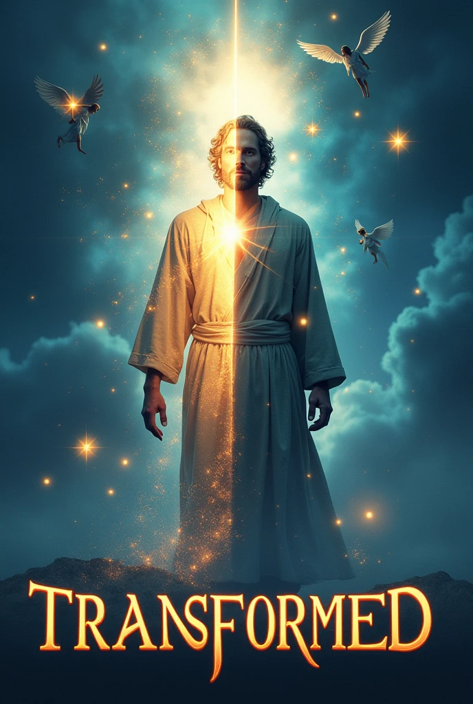 Use a background that mixes vibrant and soft colors, like shades of blue and gold, representing transformation and spirituality. 

**main image:** At the center, a representation of Jacob, perhaps divided into two parts: On one side, the figure of Jacob before the transformation, and the other, a more enlightened and serene figure, symbolizing your new identity. Ao fundo, there may be a ladder with angels going up and down, referring to Jacob&#39;s dream.

**texto:** The title "Transformed" should be highlighted, with a modern and striking font.

**decorative elements:** You can add symbols like stars, soft lights around the figure of Jacob, and perhaps some lines of light representing the presence of God in the life of the biblical character.
