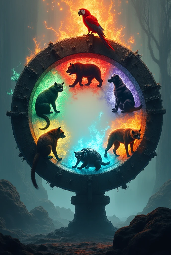 An iron circle with the symbol of a Scarlet Macaw, the symbol of a brown bear, the symbol of a Raccoon, the symbol of a black dog, the symbol of a sea turtle, the symbol of a Jaguar and the symbol of a white dog in each space