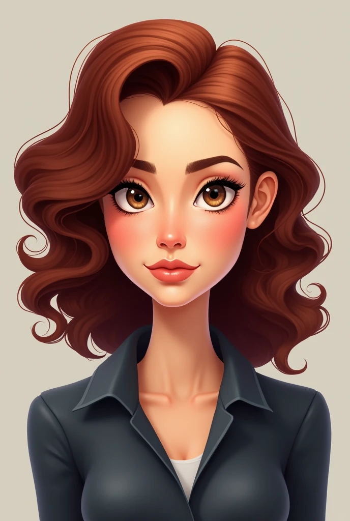 Create an image of a round-faced woman avatar with dark reddish-brown curly hair and fair skin brown eyes animation for a corporate image with a serious facial expression 