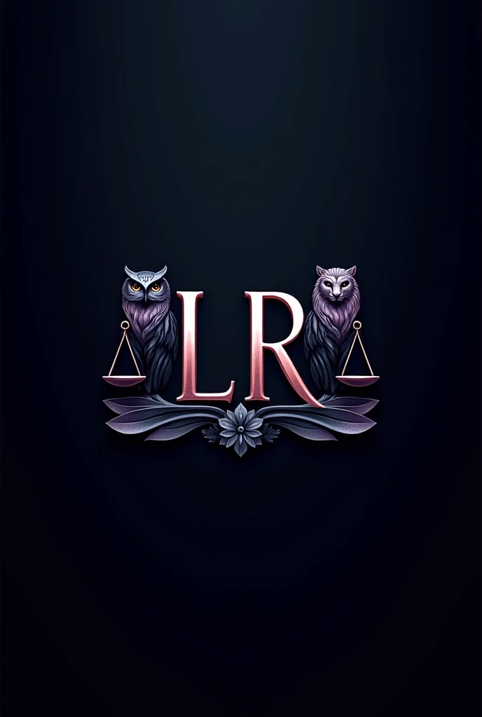 Metallic blue law firm logo with metallic violet LR licensed initials, Metallic owl and lion and metallic scales and black background 


