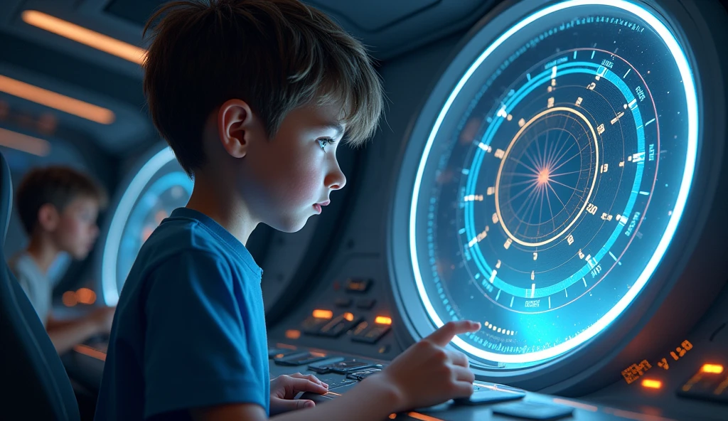 Lucas, the boy in the blue shirt, inside the rocket, adjusting the cosmic compass with a determined expression.