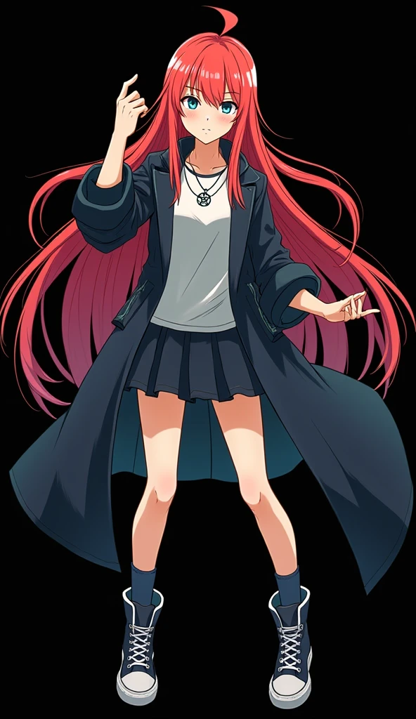 full image of an girl, personagem do anime "JUJUTSU KAİSEN", with long straight fire-colored hair with two white streaks highlighted in the front, framing your face, blue-green eyes and pale skin. she is a Wiccan, she is in fighting pose. she wears a pentagram necklace, tight skirt, beautiful women's high-top shoes and ¾-long socks. with animation by Gege Akutami, anime creator. black backdrop.