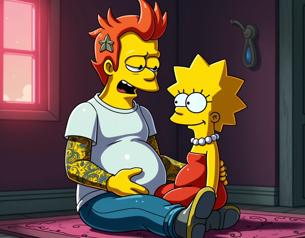 Lisa Simpson with human appearance, tattooed punk. Milhause van Houten pregnant and human, with white t-shirt and tattoo, an image by Zack Snyder, tumblr, romanticism, leaked image, cyberpunk, without words 4k, without text, gothic art, cyberpunk comic, super high resolution, in a cinematic Gothic movie , cyberpunk style comics, Lisa sitting in love on Milhause's knees, 8K.
