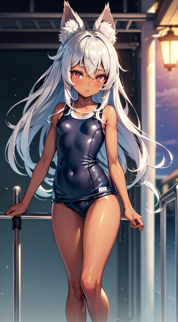 dark skin,Silver Hair,Fox Girl,(((small breasts))),(Perfectly detailed face),(Young) , Super cute face, (((School Swimsuit))),sweaty,High resolution, masterpiece, Highest quality, High resolution,Ground,