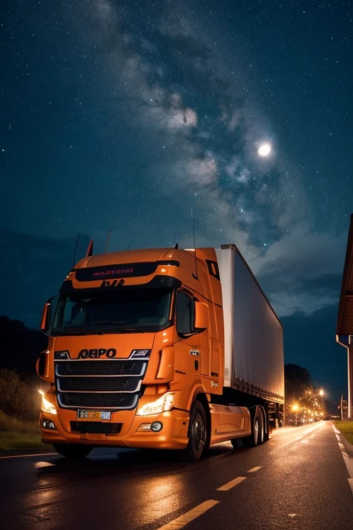 Mercedes axor truck at high speed, at the speed of light, towards the moon, on the way to the moon, like a rocket