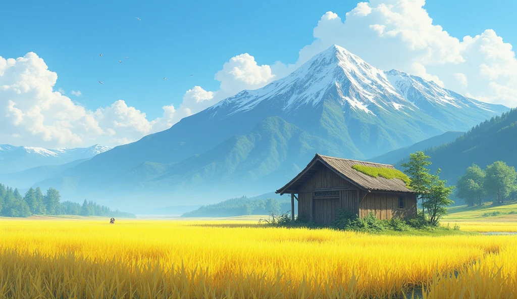 The hut is in the middle of a golden-yellow rice field. There is a beautiful mountain range in the background. And there were many birds flying in the sky.