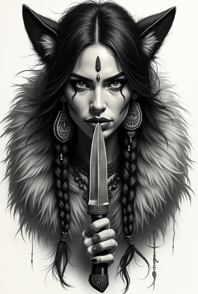Indian woman with wolf head on coat and knife in mouth for less realistic tattoo