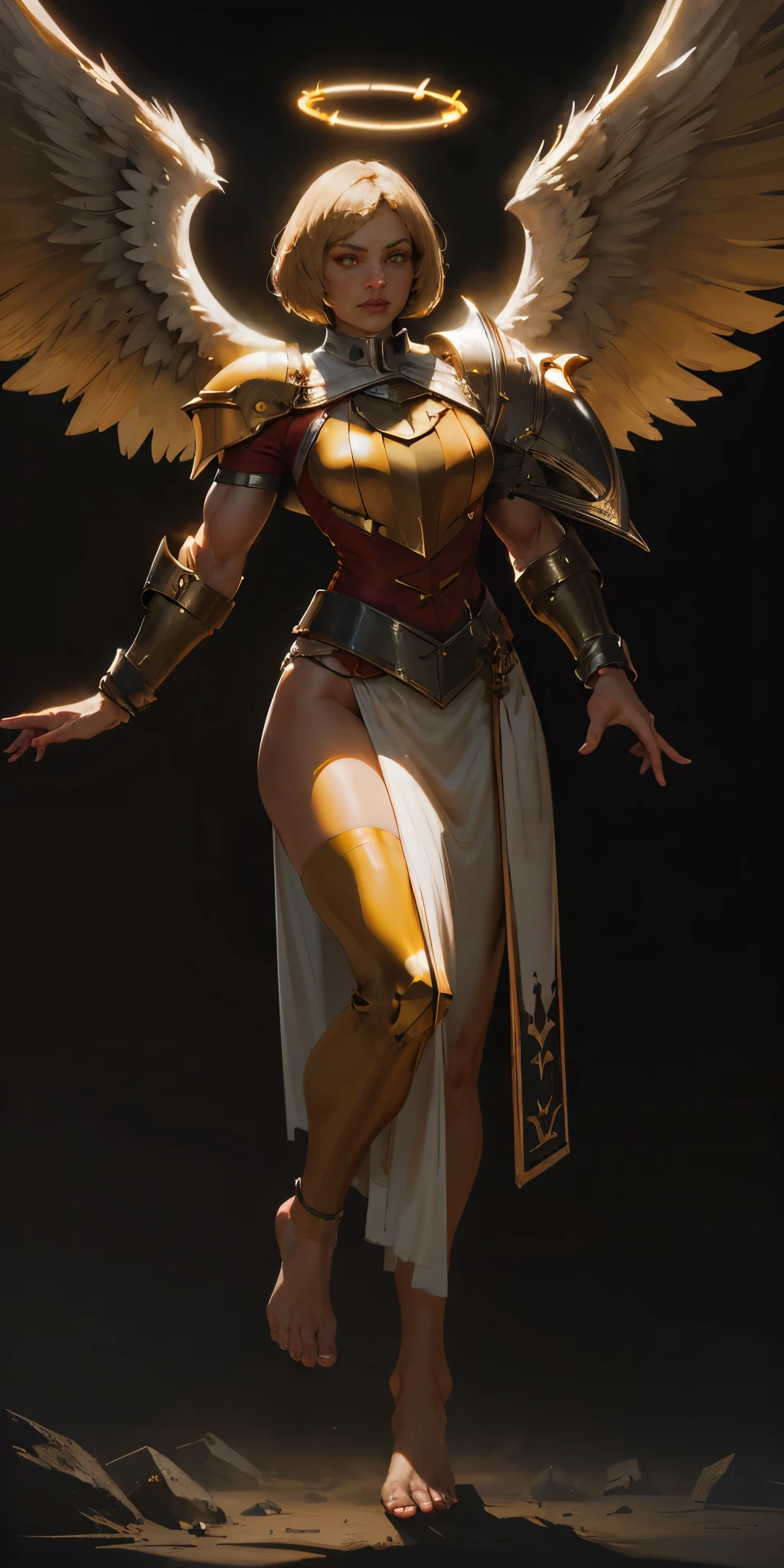 (black background) low angle, from below, paladin templar lady in white tabard, legwear, glowing yellow eyes, collar, golden chainmail, wide hips, barefoot, angel wings, pauldrons, halo, bob cut, blonde, eye focus, red cape, detailed, cinematic, fantasy, correct anatomy, epic fantasy digital art, tmasterpiece, 8k, high definition resolution, detailed drawing, superior quality, epic composition, muscular body, muscular turned arms behind body