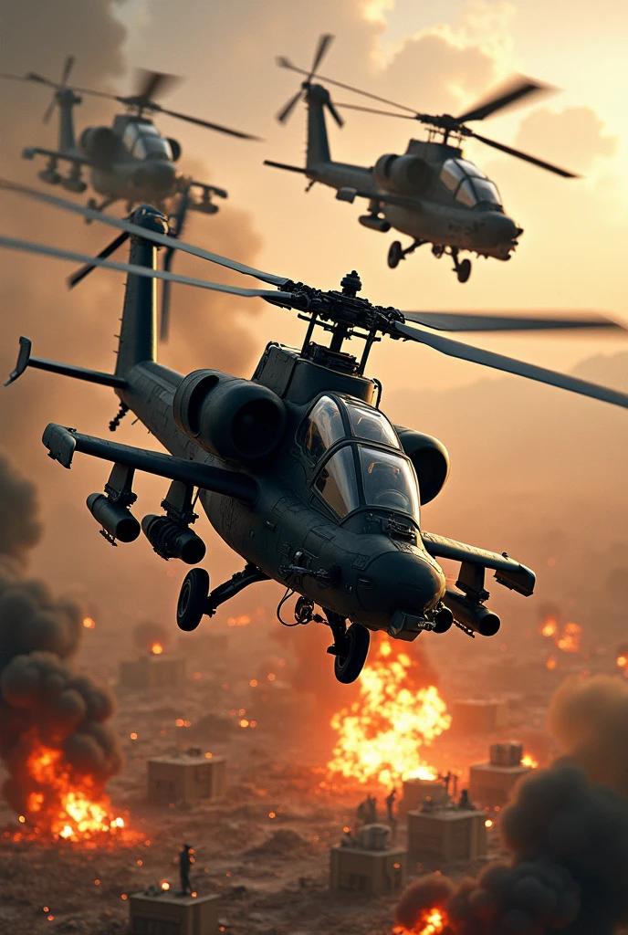 3 state-of-the-art Apache helicopters attack an enemy military base. Lots of fire and explosions, soldiers running 