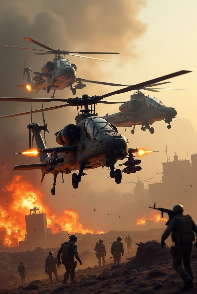 3 state-of-the-art Apache helicopters attack an enemy military base. Lots of fire and explosions, soldiers running