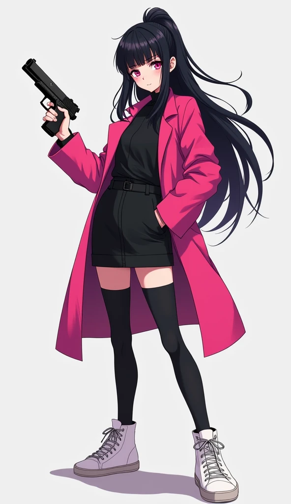 The young woman pink eyes long black hair wear a long pink coat, black shirt, black pencil skirt, black underpants, long black tights, black socks, white sneakers high top, her left hand holding a one pistol gun, light grey background, cartoon novel, 4K, HD