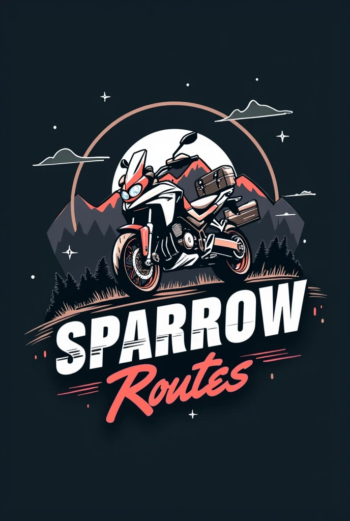 ((Honda NC750X 2016 model year:1.5)) , ((dynamic angle)), ((motorcycle with suitcases)), ((a motorcycle)), (((crear un Logo vectorizado with white border de una moto Honda modelo NC750X))), color dark background, Vectorized style, Logo vector art, Diseño de Logo, simple and clean illustration, Logo, Logo, a circular logo , with white border, dark background, With the name "SPARROW ROUTES" a estilo gammer , mountain and roblox