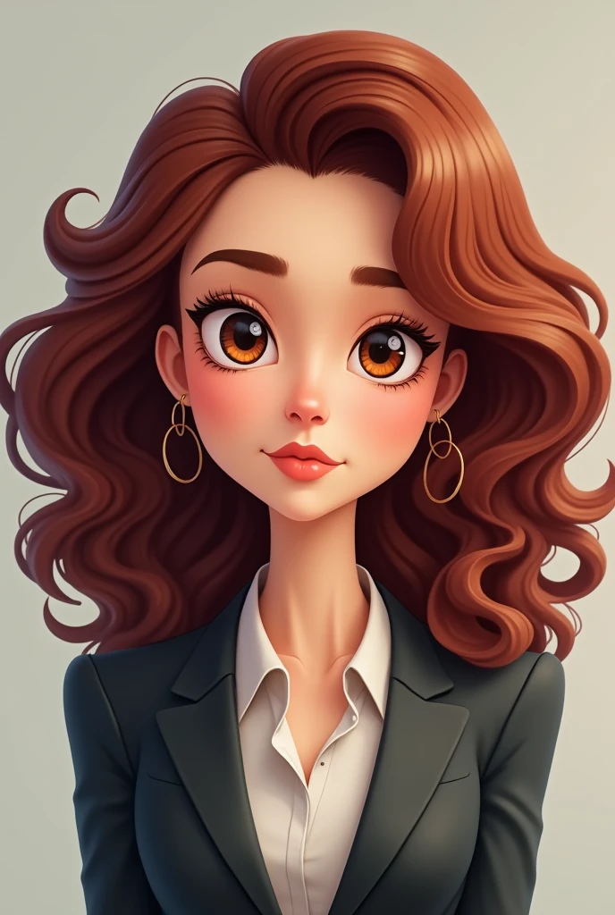 Create an image of a round-faced woman avatar with dark reddish-brown curly hair and fair skin brown eyes animation for a corporate image with a serious facial expression 