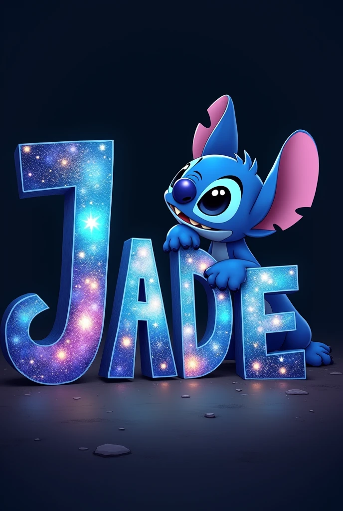 Image of stitch next to first name " jade" with a galaxy effect inside the letters, fond noir, clipart