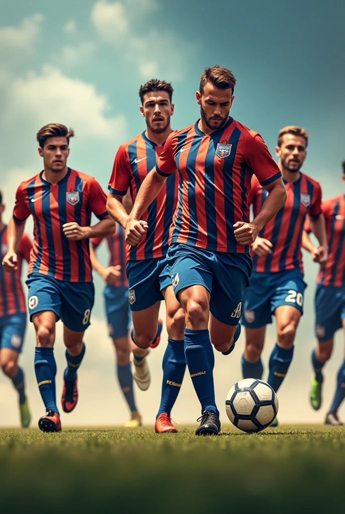 Create a 1080 x 1920 banner featuring 7 football players wearing vertically striped shirts