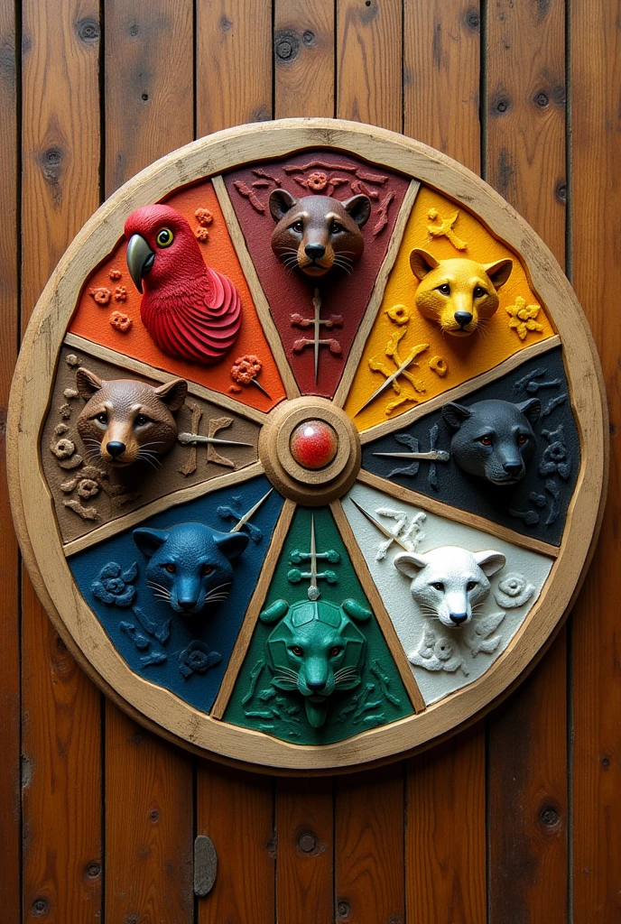 A wooden circle with the symbol of a Scarlet Macaw, the symbol of a brown bear, the symbol of a Raccoon, the symbol of a black dog, the symbol of a sea turtle, the symbol of a Jaguar and the symbol of a white dog in each space