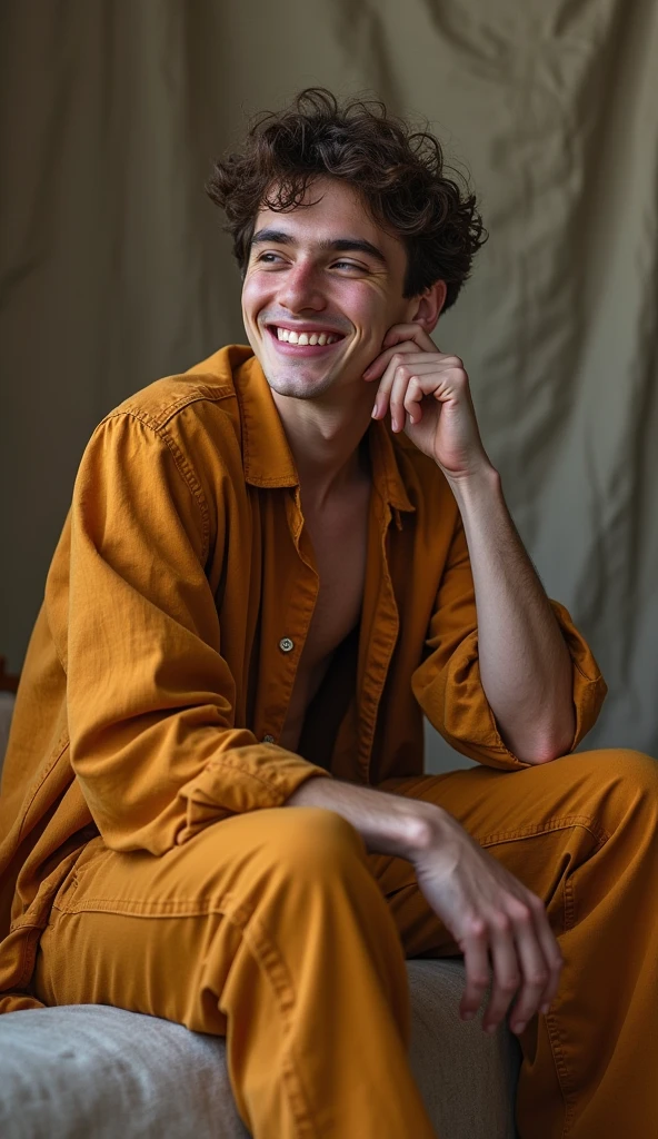 A young man whose his head on the lap of the god and God and man is smiles