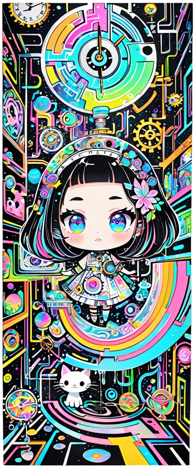 fusion of acrylic and collage paintings, clockwork, mysterious clockwork space, maze, labyrinth shaped, labyrinth space divided by neon line lights, dripping fluorescent paint, iridescent flowers blooming from the point of impact, chibi girl and cat peeking out from the side, black and white and pastel colors, transparent, mysterious and funny high and fine artwork