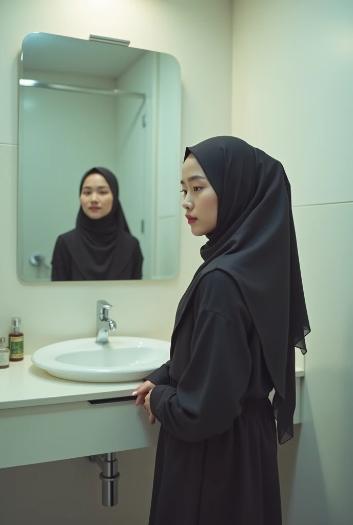 daneater, 1girl, hijab, solo, realistic, photorealistic, high quality picture, 8k, high resolution, detailed quality, film grain, instagram photo, ultrarealistic, (((25-years-old woman))), Asian, (((Japanese Face))), (((Background: Wall))), (((fullbody))), (((Hijab))), a young woman standing in front of a mirror in a bathroom, a picture by Else Alfelt, instagram, net art, stylish, dynamic pose, lovely