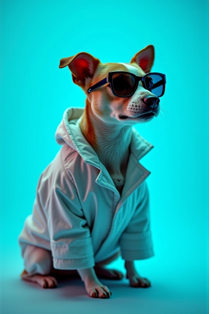 The best cell phone wallpaper, Award-Winning Wallpaper, portrait photography, In the front view is a portrait of a cute dog wearing mid-1960s space age fashion, Side view photo, Shot with Canon EOS R5, Set a strong contrast that accentuates the subject, Fluorescent blue tone, Wearing a very modern coat and sunglasses is a modern 1960s style, Clothes all in one color, beautiful background