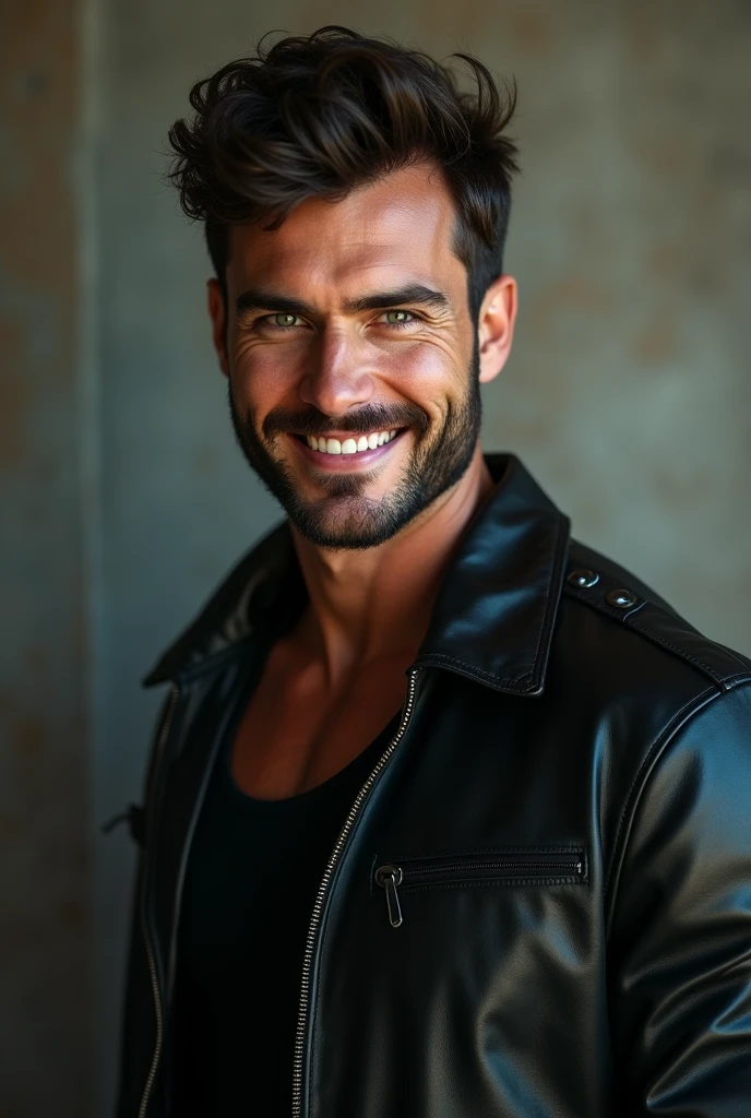 Tall young man with wavy hair, wearing black clothes and leather jacket, muscular and broad-shouldered, strong, defined jaw, scruffy beard, wide and very attractive smile as well as light green eyes