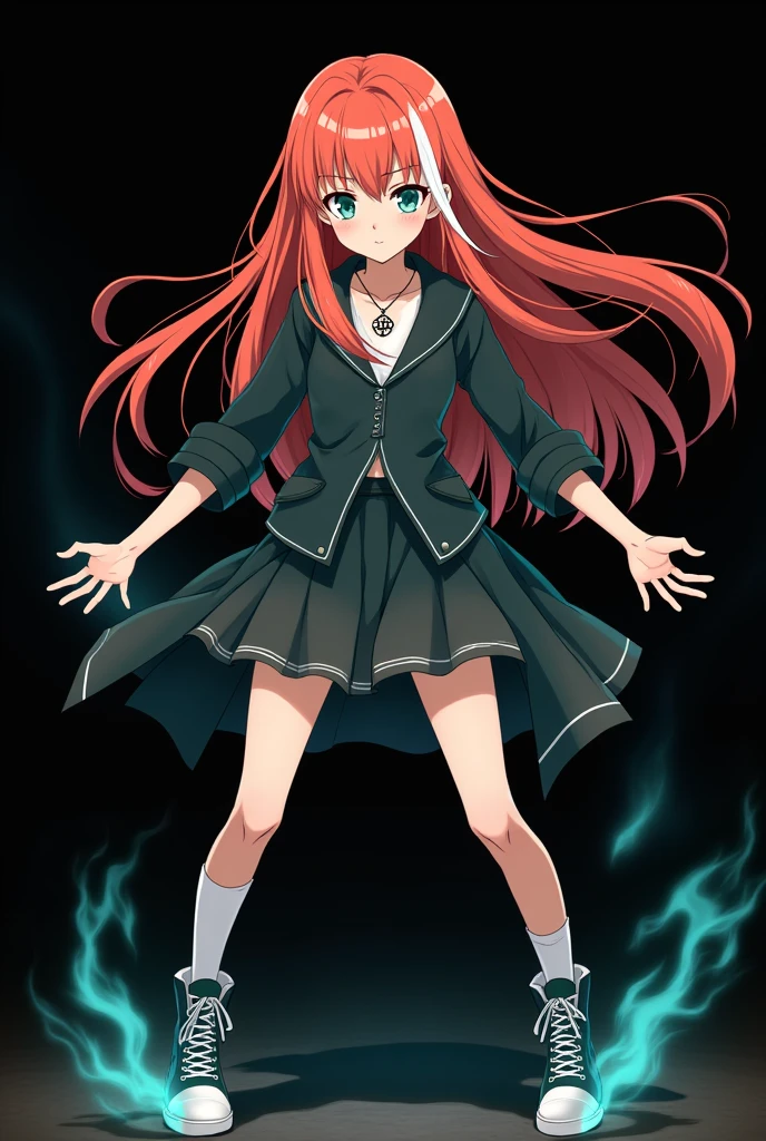 full image of an girl, personagem do anime "JUJUTSU KAİSEN", with long straight fire-colored hair with two white streaks highlighted in the front, framing your face, blue-green eyes and pale skin. she is a Wiccan, she is in fighting pose. she wears a pentagram necklace, tight skirt, beautiful women's high-top shoes and ¾-long socks. with animation by Gege Akutami, anime creator. black backdrop.